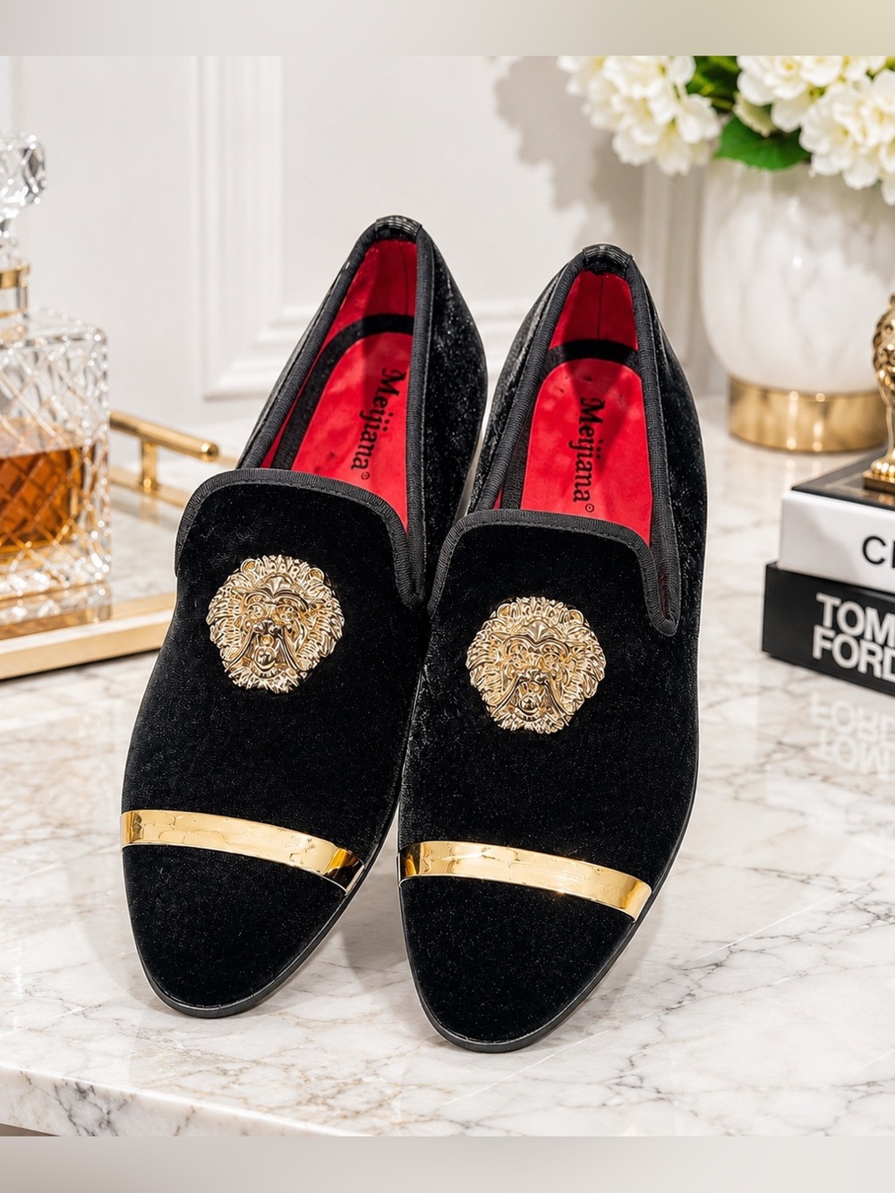 MEIJIANA Black Velvet Designer Loafers | Men’s Size 8 | Gold Medallion